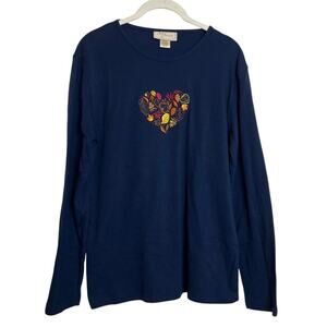 M&C Sportswear Womens Long Sleeve Top Large Navy Blue Embroidered Heart Leaves